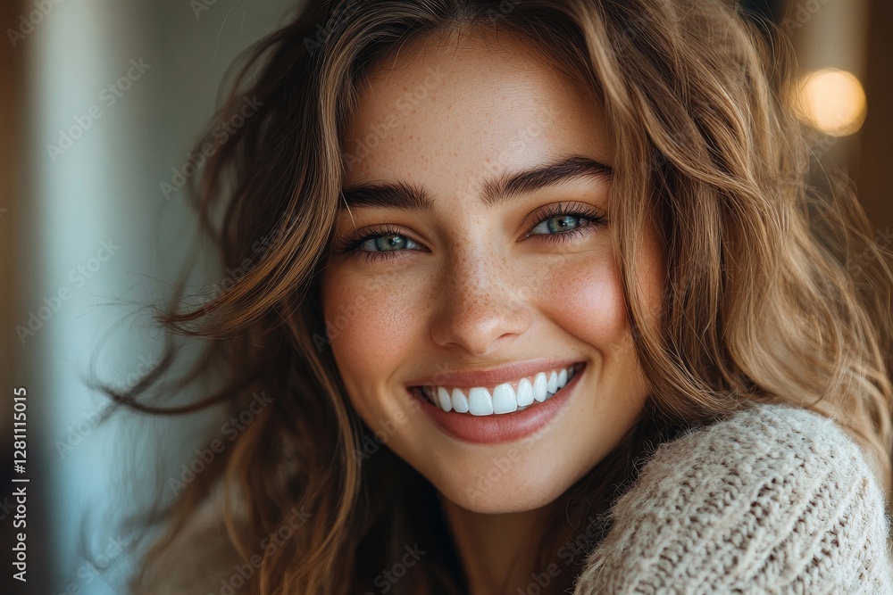 Happy woman patient smiling and looking at mirror at her white teeth after procedures in dental clinic. Tooth whitening and tooth enamel, Generative AI Happy woman patient smiling and looking at mirror at her white teeth after procedures in dental clinic. Tooth whitening and tooth enamel, Generative AI