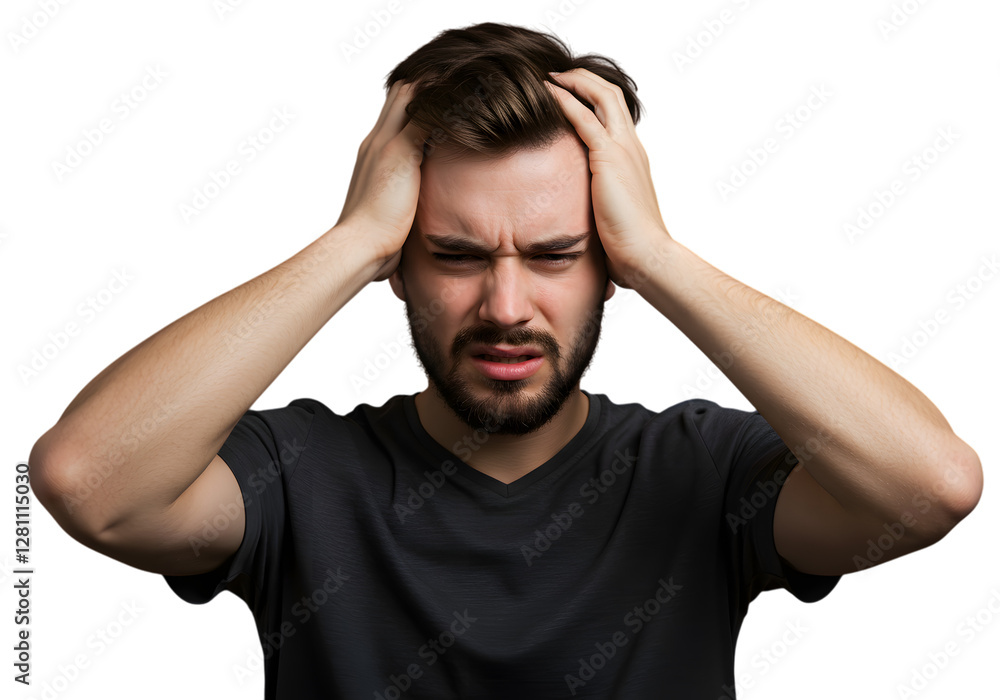 Man Grabbing Head in Pain, Feeling Headache, Expression of Discomfort Man Grabbing Head in Pain, Feeling Headache, Expression of Discomfort
