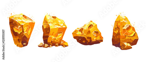Gold nugget blocks vector, cartoon golden ore game assets, precious rocks for treasure and mine design, big jewel raw material, yellow shiny textured gemstone boulders, mining, gold rush