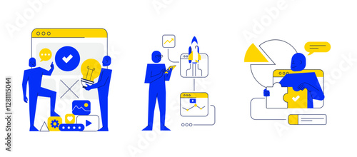 Startup concept. Groups of people work in teams together at business corporate projects for common goal. Working process with different tasks. Trendy vector illustrations