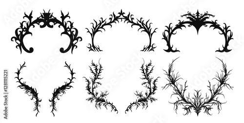 Neo tribal fantasy branches border, Gothic frame vector set, retro futuristic ornament, dark baroque vintage design element, symmetric y2k swirl, black arch, decoration, Gothic frame print collection