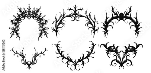 Gothic frame vector set, dark baroque vintage design element, retro futuristic ornament, neo tribal fantasy branches border, symmetric y2k swirl, black arch, decoration, Gothic frame print collection