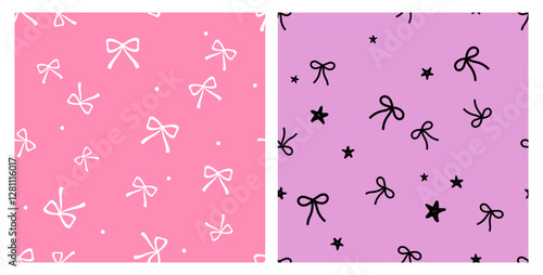 Seamless patterns with ribbon bows, dot and stars on pink and purple backgrounds vector.