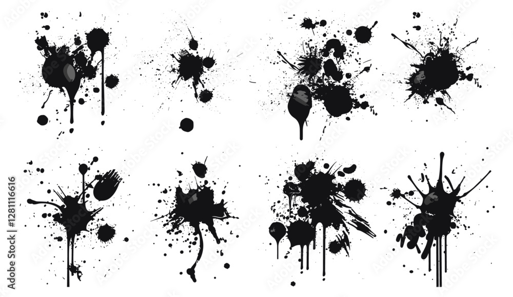 Obraz premium Ink drops and splashes, blotter spots, liquid paint drip drop, artistic grunge splatter, abstract messy inkblot, monochrome splash, vector set, black splat, watercolor stains, artistic blot