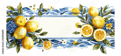 Vector lemon, blue Mediterranean tiles, flowers, elegant watercolor illustration, frame, striped wave, wreath, pattern, background, card, invitation, poster, citrus art, decorative design