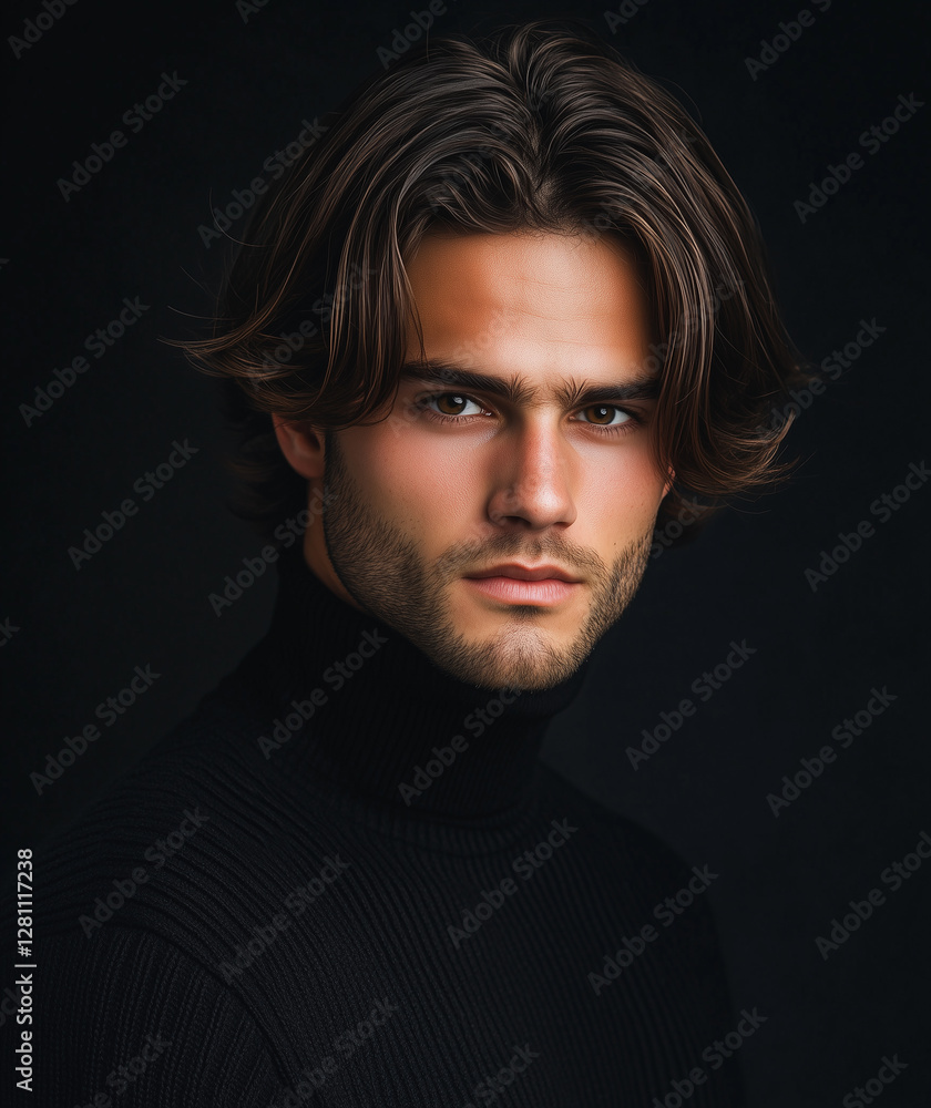 Portrait of a handsome man with medium-length hair, styled in elegant waves and a side part. Portrait of a handsome man with medium-length hair, styled in elegant waves and a side part.