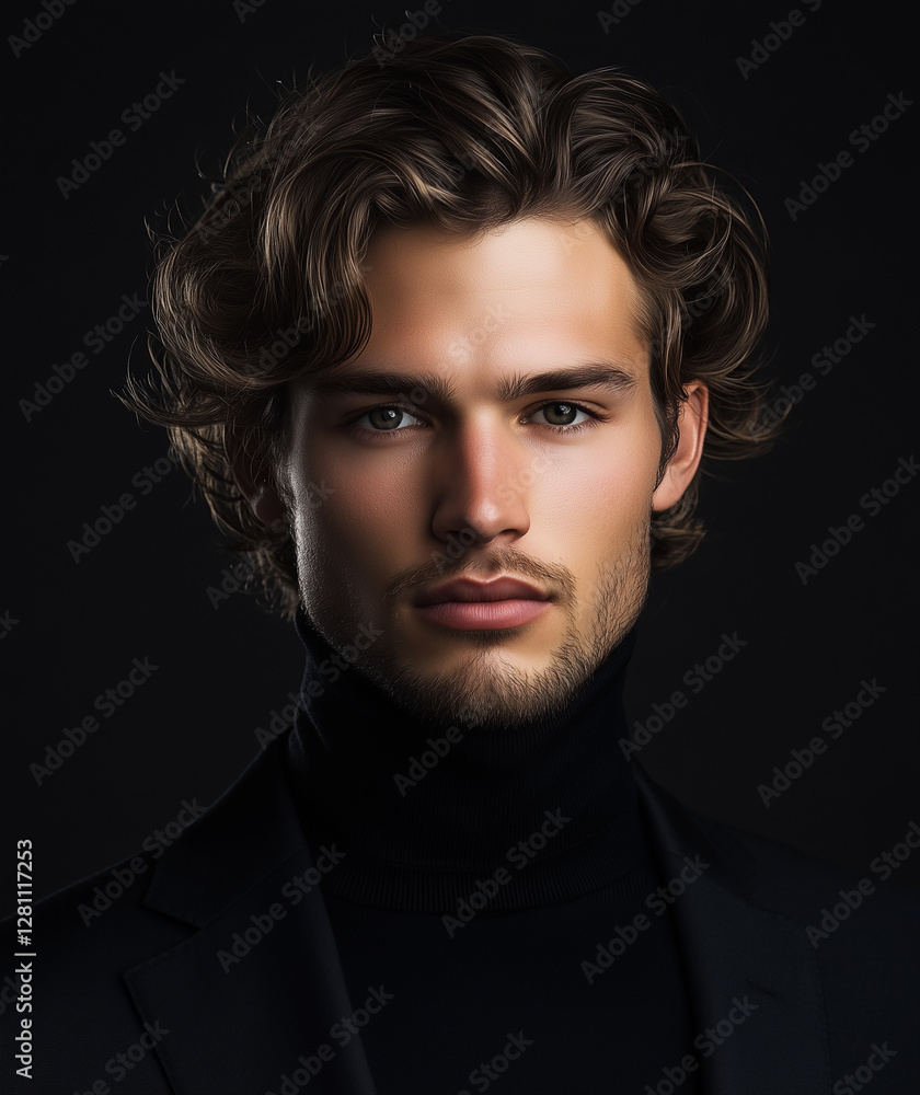 Portrait of a handsome man with medium-length hair, styled in elegant waves and a side part. Portrait of a handsome man with medium-length hair, styled in elegant waves and a side part.