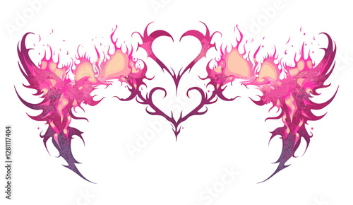Neo tribal pink emo heart with wings and flame, vector y2k aesthetic tattoo, gothic fire, abstract silhouette, cyber body ornament, web goth decoration, divider, border, dark grunge, punk emblem