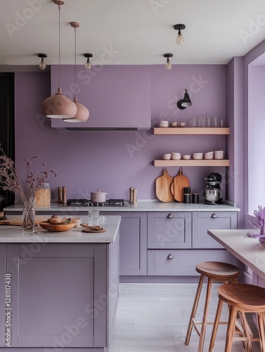 Modern purple kitchen features a stylish modern and bright design