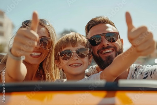 Happy family of three, mother, son and father driving car, woman and boy showing thumbs up in open window, enjoying time together at weekend, Generative AI photo