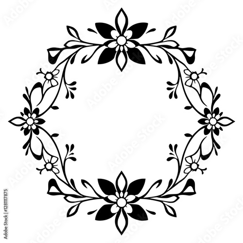 Ornate black and white floral wreath, composed of flowers and leaves.