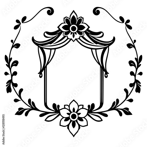 Black and White floral frame, with elegant arch and surrounding leaf garland.