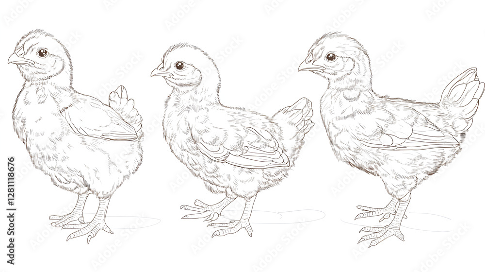 Detailed illustration of fluffy chicks in various poses showcasing their features Detailed illustration of fluffy chicks in various poses showcasing their features
