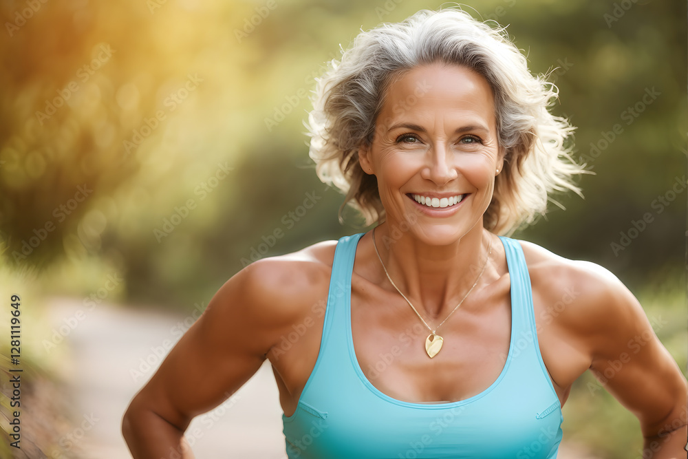 Fototapeta premium A woman wearing a blue tank top and necklace is smiling