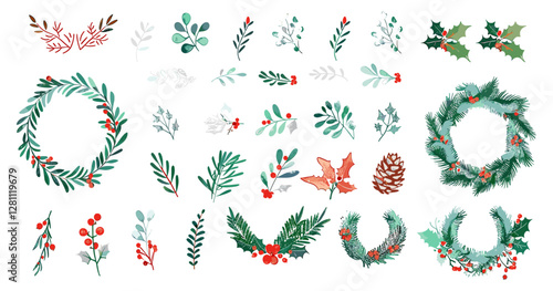 Christmas vector set with leaves, branches, berries, pine cones, round wreath frame, modern style illustration, festive elements, holiday decor, winter clipart, Xmas botanical design