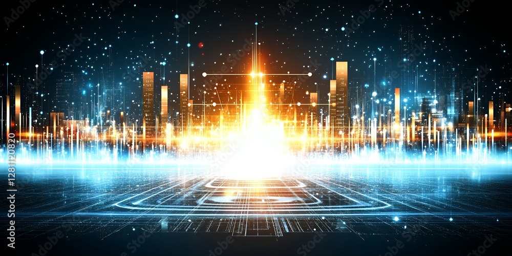 Fototapeta premium Futuristic Cityscape Digital Art Illuminated City at Night with Network Connections