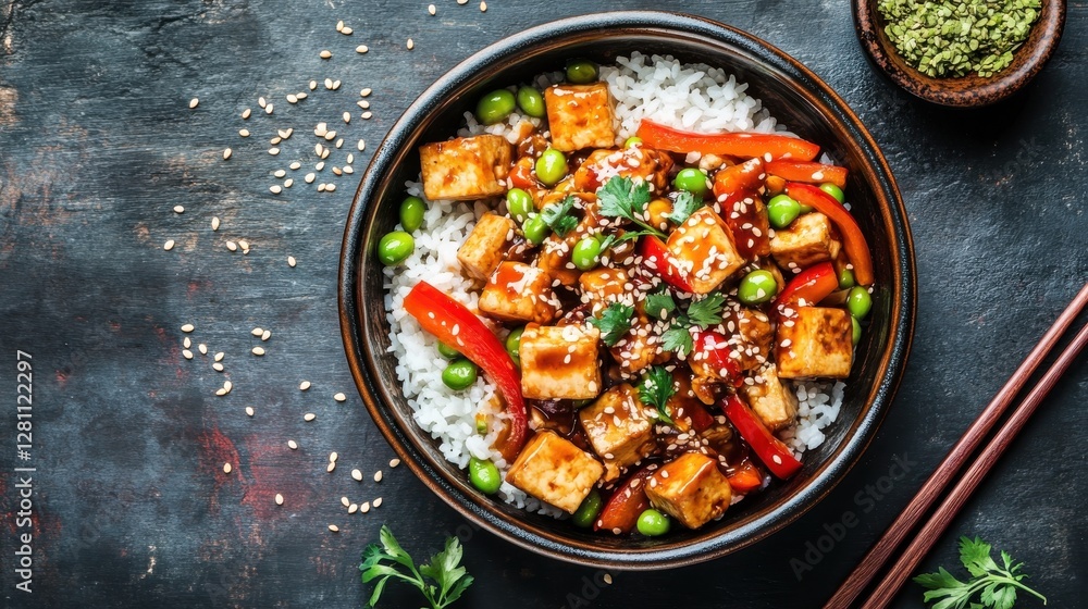 vegan athlete meals plant-based protein meal prep Colorful tofu stir-fry served over rice, garnished with sesame seeds and fresh herbs. vegan athlete meals plant-based protein meal prep Colorful tofu stir-fry served over rice, garnished with sesame seeds and fresh herbs.