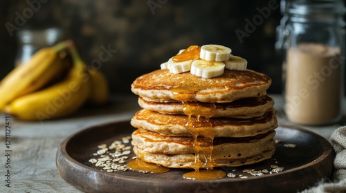 Wallpaper Mural vegan athlete meals plant-based protein meal prep Stack of fluffy pancakes topped with banana slices and dripping syrup, served on a rustic plate. Torontodigital.ca
