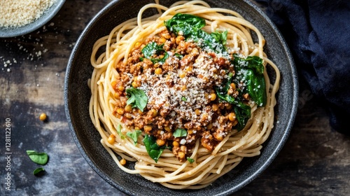 vegan athlete meals plant-based protein meal prep Delicious spaghetti topped with savory lentils, herbs, and grated cheese in a dark bowl.