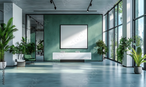 Modern empty office interior with green walls  white reception  blank poster on the wall  and glass partitions in open space. 3D Rendering   