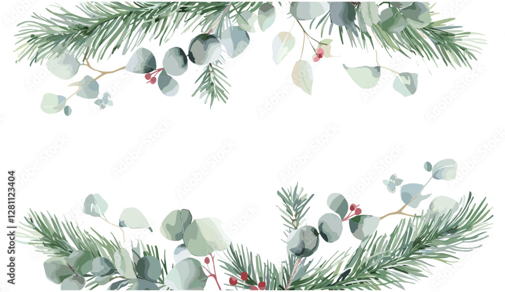 Αυτοκόλλητο Watercolor Christmas card with fir branches, vector holiday background with copy