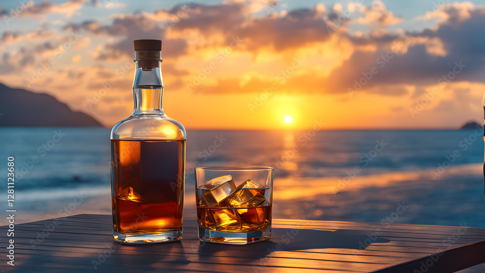 A bottle of liquor and a glass of liquor on a table by the ocean A bottle of liquor and a glass of liquor on a table by the ocean