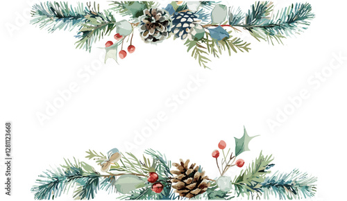 Vector Christmas frame with fir branches, leaves, cone, watercolor botanical winter greenery, holiday artwork, evergreen festive border, pine sprig, elegant seasonal decoration, Xmas template