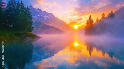 Exciting morning view of unique Oeschinensee Lake. Colorful summer sunrise in Swiss Alps with Bluemlisalp mountain, Kandersteg village location, Switzerland, Europe. photo