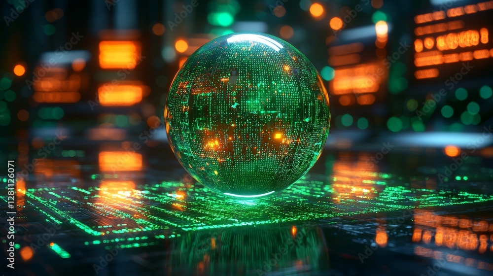 In a high-tech setting, a radiant data sphere hovers In a high-tech setting, a radiant data sphere hovers