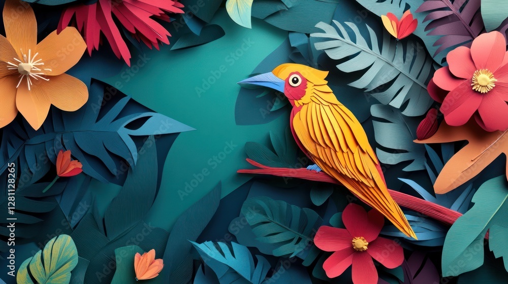 Vibrant paper art bird perched on branch amidst colorful tropical flowers and leaves on teal background. Vibrant paper art bird perched on branch amidst colorful tropical flowers and leaves on teal background.