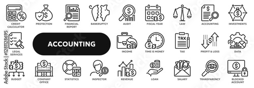 Set of vector line icons related to business and finance, accounting, taxes and audit. Symbols for website or app ui, logo design, illustration