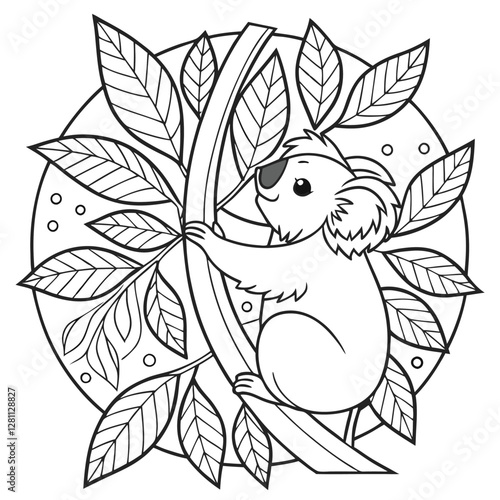Koala Coloring Page: Cute Animal on Eucalyptus Tree Branch, Detailed Line Art Illustration for Kids & Adults, Printable Mandala Style Design
