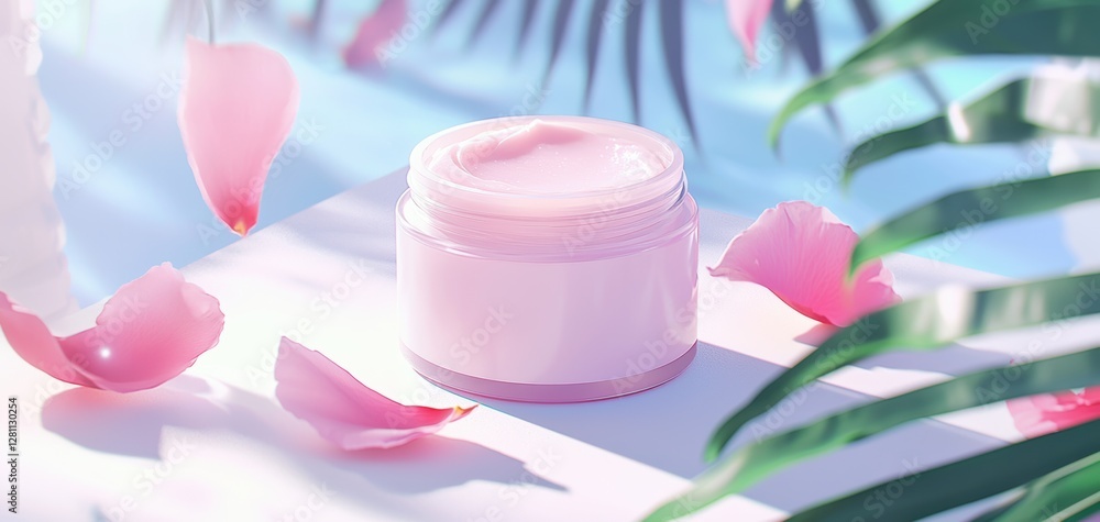 A premium skincare concept featuring a jar of pink cream, surrounded by vibrant petals and botanical elements on a white surface A premium skincare concept featuring a jar of pink cream, surrounded by vibrant petals and botanical elements on a white surface