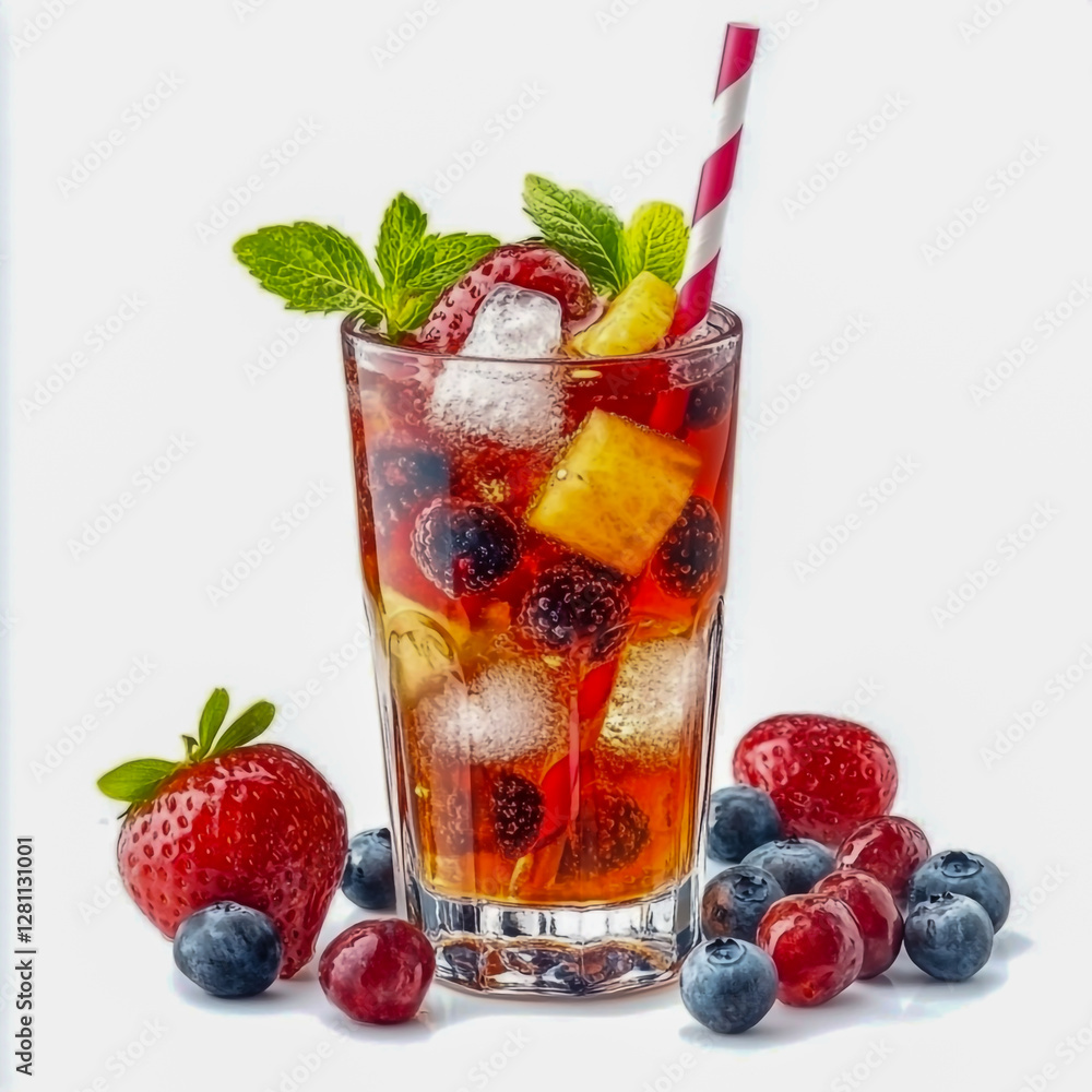 A fruity, fresh beverage, served with ice for a crisp, cooling experience isolated on a white background A fruity, fresh beverage, served with ice for a crisp, cooling experience isolated on a white background
