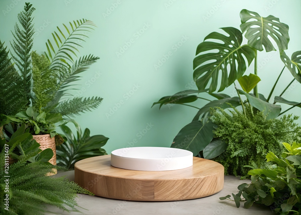 A marble podium sits in front of a green background with tropical plants and rocks, podium stage green background
A marble podium sits in front of a green background with tropical plants and rocks, podium stage green background