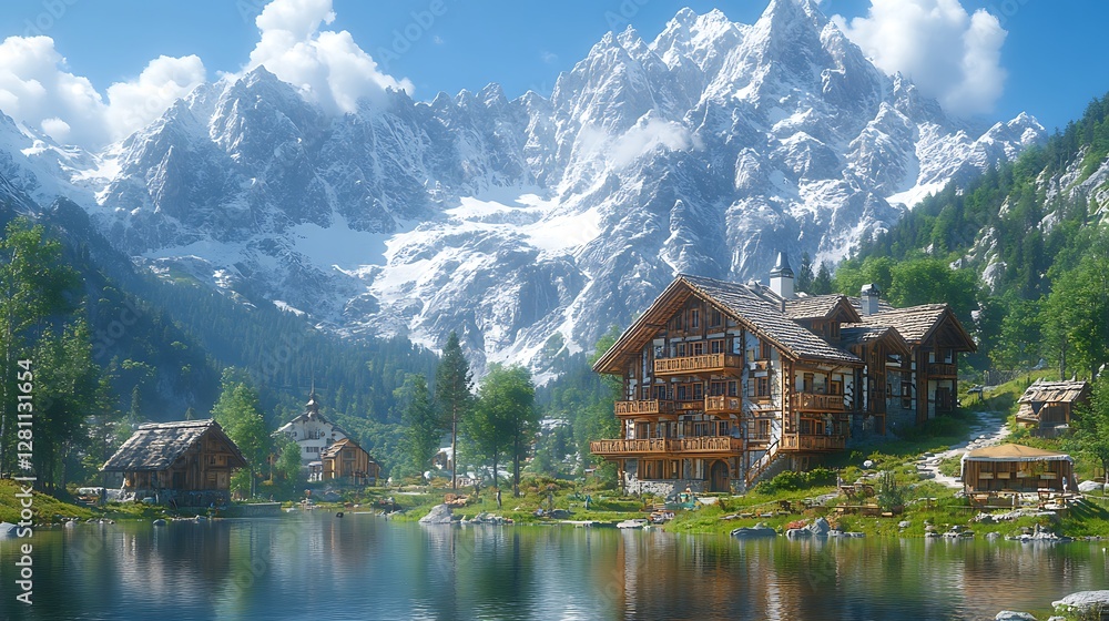 Naklejka premium Alpine village by lake, sunny day