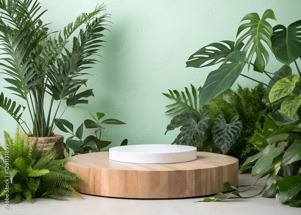 A marble podium sits in front of a green background with tropical plants and rocks, podium stage green background
A marble podium sits in front of a green background with tropical plants and rocks, podium stage green background