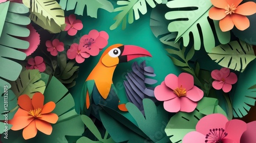 Papercraft toucan amidst vibrant tropical flowers and leaves on teal background. photo