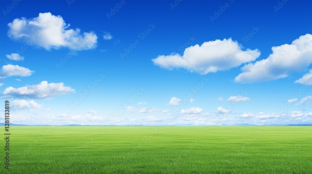 Fototapeta premium Vibrant Green Field Under a Blue Sky with Fluffy Clouds