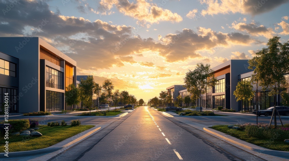 A serene street lined with modern buildings under a colorful sunset, showcasing an inviting atmosphere and natural beauty. A serene street lined with modern buildings under a colorful sunset, showcasing an inviting atmosphere and natural beauty.