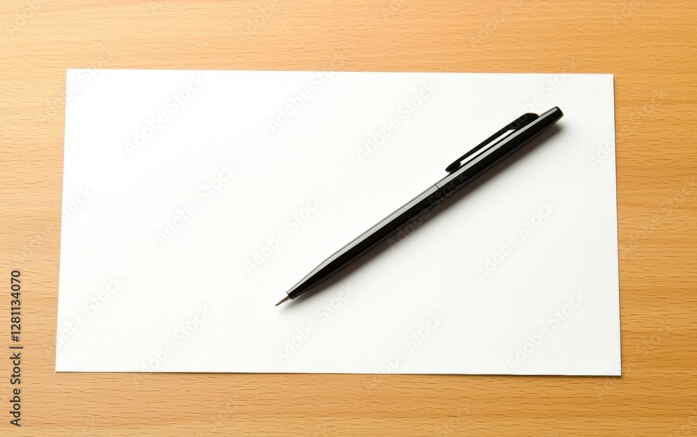 Close-up of a black pen positioned diagonally on a blank white sheet, creating a balanced composition on a wooden desk Close-up of a black pen positioned diagonally on a blank white sheet, creating a balanced composition on a wooden desk