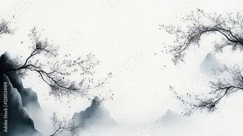 Chinese landscape painting, red flowers on tree branches and distant mountains,