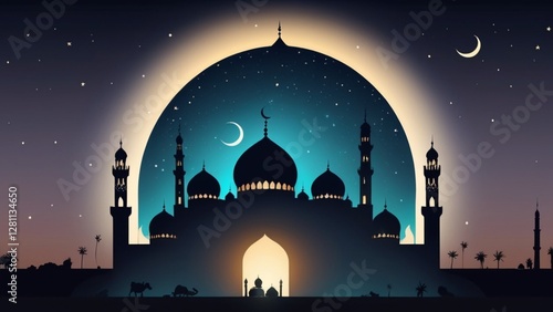 Illustrative Ramadan Kareem Silhouette Mosque Background in Elegant and Minimalist Style for Festive and Spiritual Celebrations