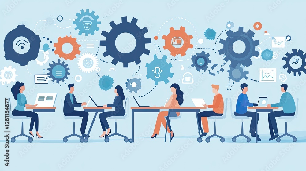 Diverse Team Collaborating in Modern Office with Gear Motifs Diverse Team Collaborating in Modern Office with Gear Motifs