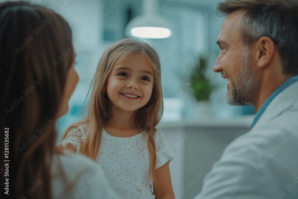 Happy mother with little daughter having consultation at pediatrician office, talking to male doctor and discussing plan of treatment in clinic, Generative AI Happy mother with little daughter having consultation at pediatrician office, talking to male doctor and discussing plan of treatment in clinic, Generative AI