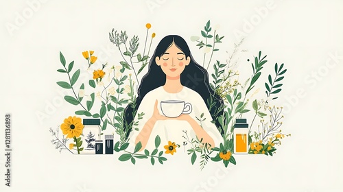 A woman holding a herbal tea cup, surrounded by medicinal plants and wellness products