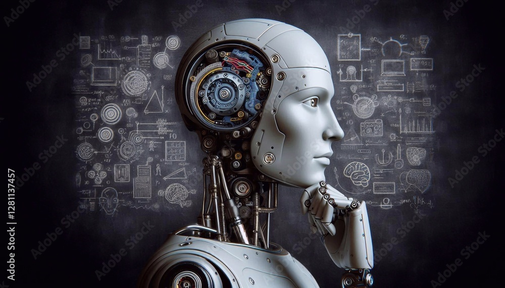 Fototapeta premium Humanoid robot thinking, side view, isolated on blackboard background