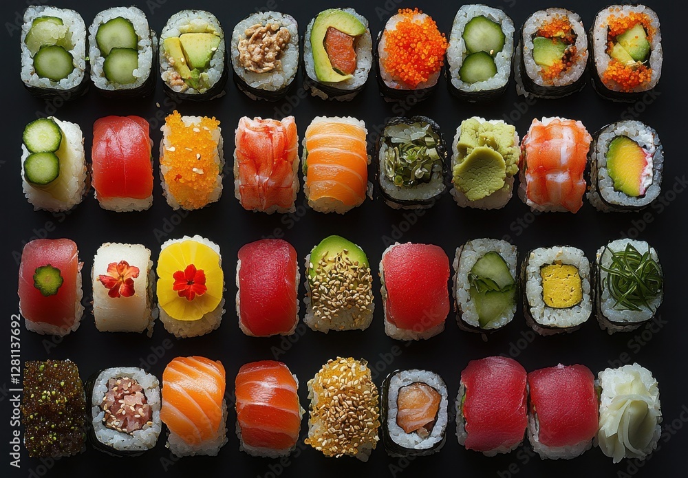 Colorful Variety of Sushi Rolls Arranged Elegantly on Black Background Perfect for Food Enthusiasts and Culinary Contexts Colorful Variety of Sushi Rolls Arranged Elegantly on Black Background Perfect for Food Enthusiasts and Culinary Contexts