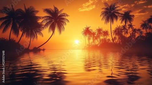 Tropical Paradise Sunset: Palm Trees Silhouetted Against a Golden Sky