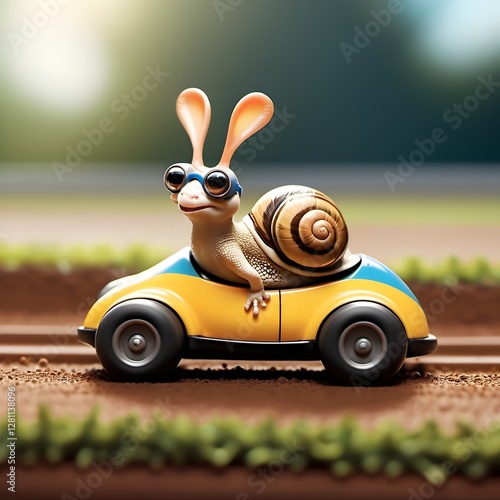 A Snail in a Race Car, snail racing, funny slow motion, animal humor, ironic speed, hilarious race, humor, ideas, cheering, attitude, competition, concepts, emotion, speed, determination, driving